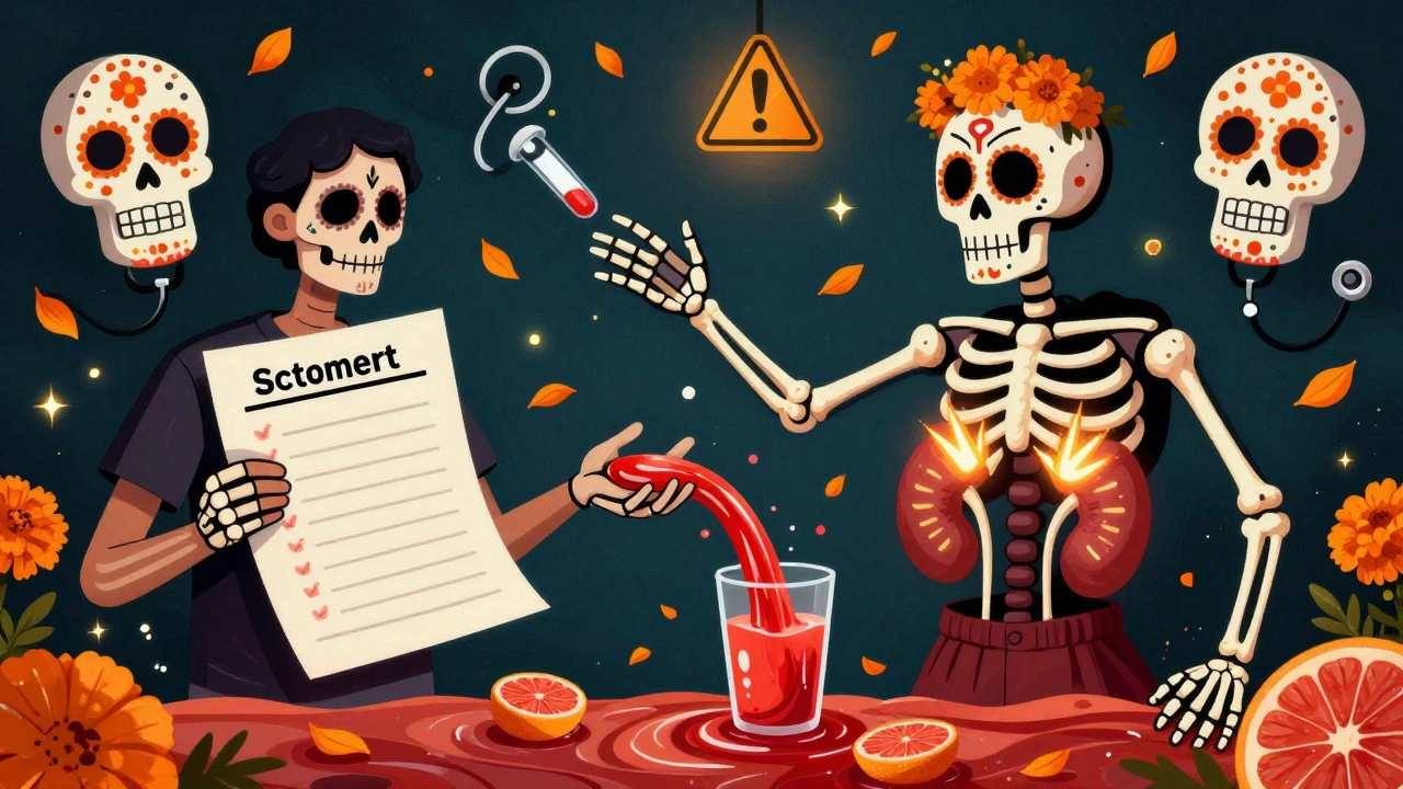 A patient surrounded by skeletal hands from medications, with grapefruit juice flooding their bloodstream.