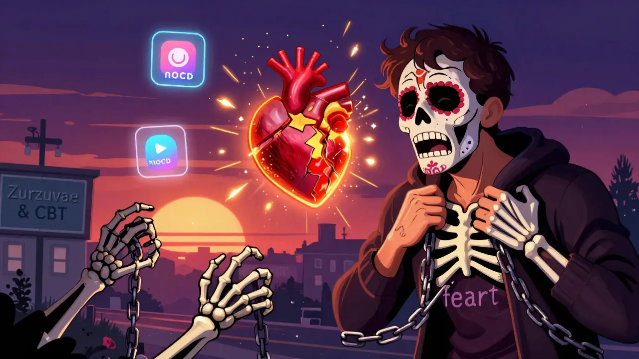 A person in panic with a bursting heart, skeletal chains pulling fear, while clinic lights and digital apps glow in the distance.