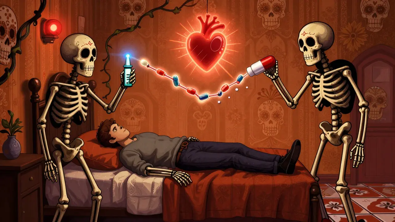 A person unconscious with two skeletal figures holding naloxone and a pill, glowing opioid molecules rising above them.