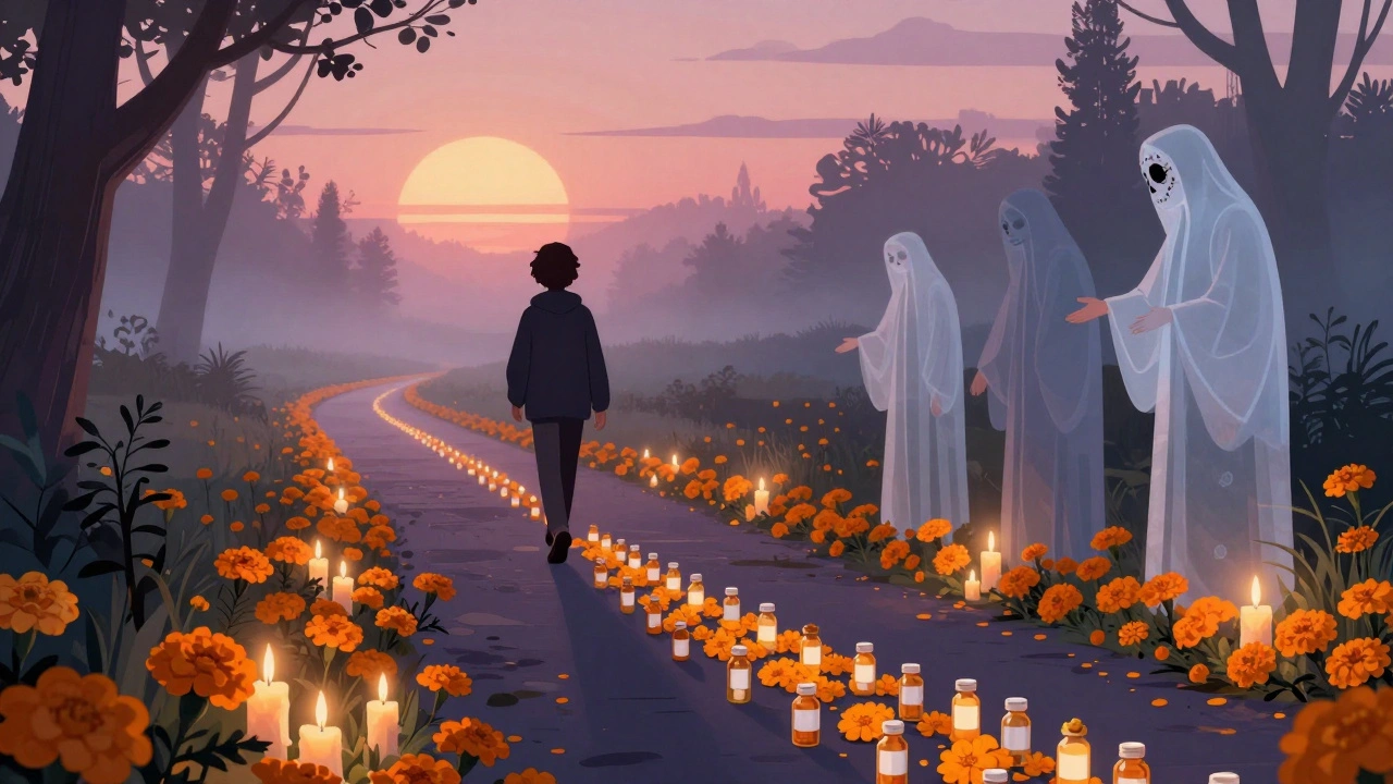 A person walking toward sunrise, leaving pill bottles that turn to flowers, guided by ancestral spirits.