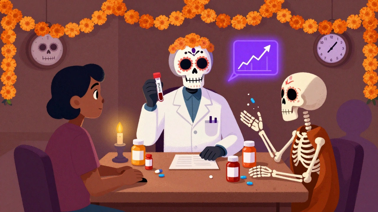 A pharmacist and patient surrounded by dancing skeleton pill bottles and a glowing blood test vial.