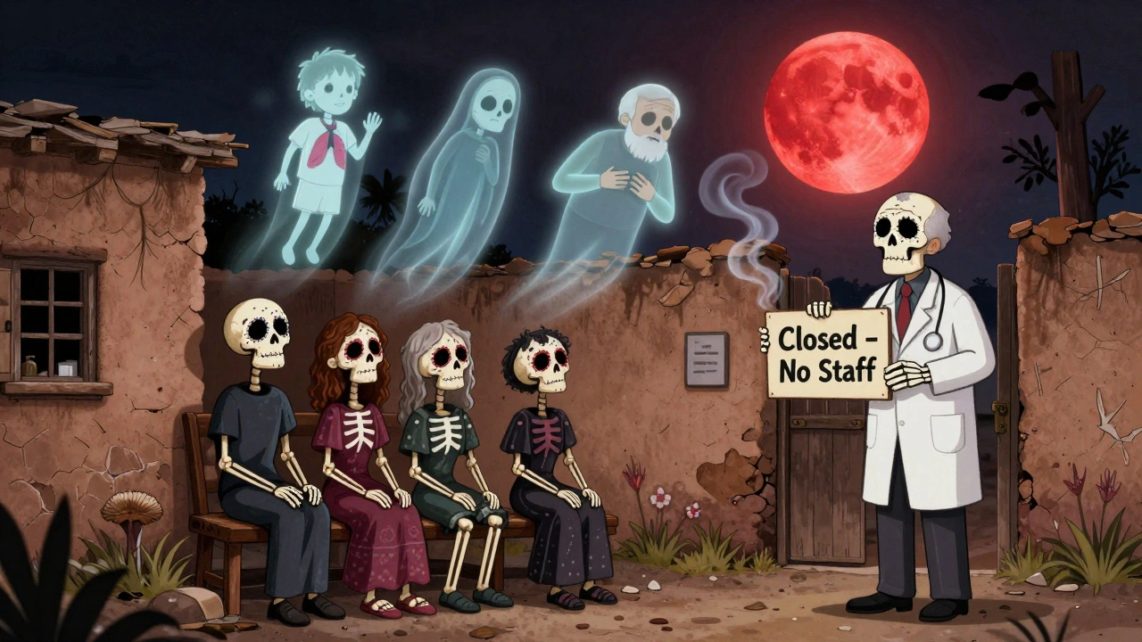 A rural clinic is closed, with a family of skeletal figures waiting outside under a blood-red moon.