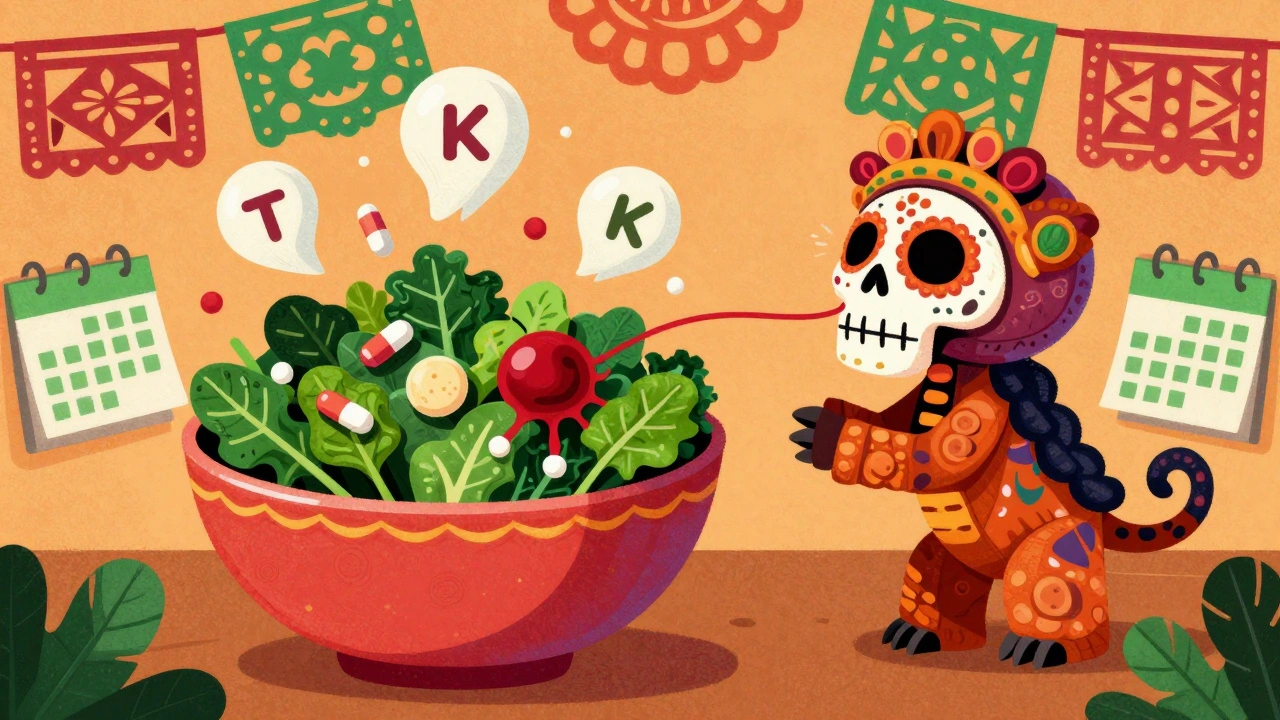 A salad shaped like a skull connected by a red thread to a blood clot, surrounded by vitamin K symbols in vibrant Day of the Dead colors.