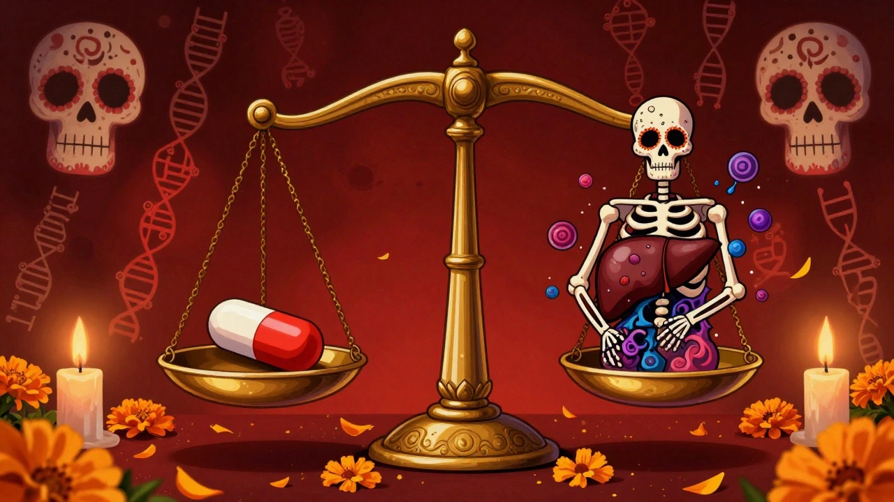 A scale balancing a pill against a human body in crisis, with gene sequences as calaveras and candlelit marigolds.