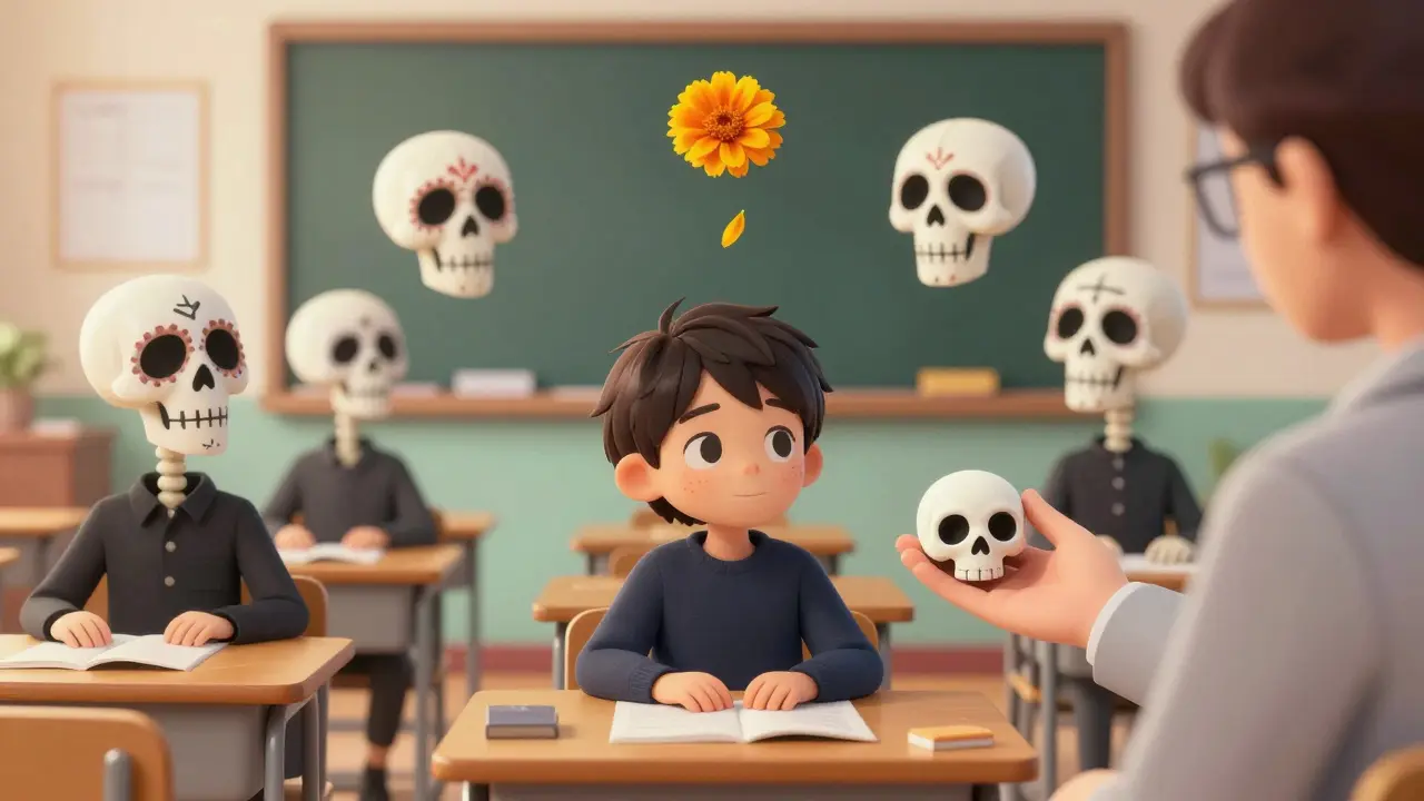 A silent child in a classroom, surrounded by judging skeleton faces, with a therapist offering a skull-shaped stress ball.