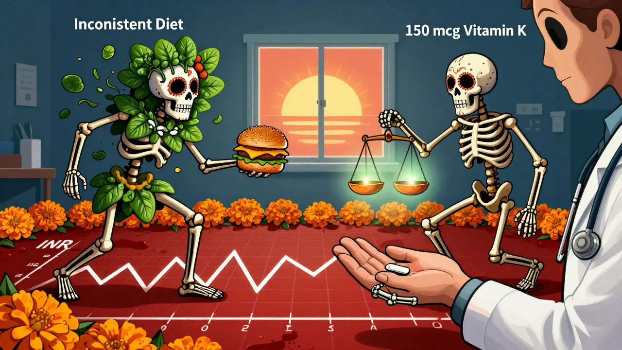 A skeletal battle between chaotic diet and steady vitamin K calms an INR graph into smooth waves, lit by marigolds and dawn light.