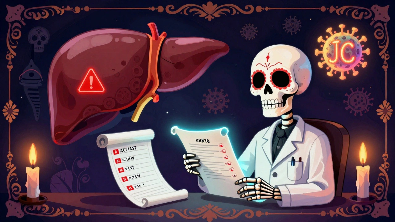 A skeletal pharmacist reviewing blood test results with glowing organs showing numerical risk thresholds.