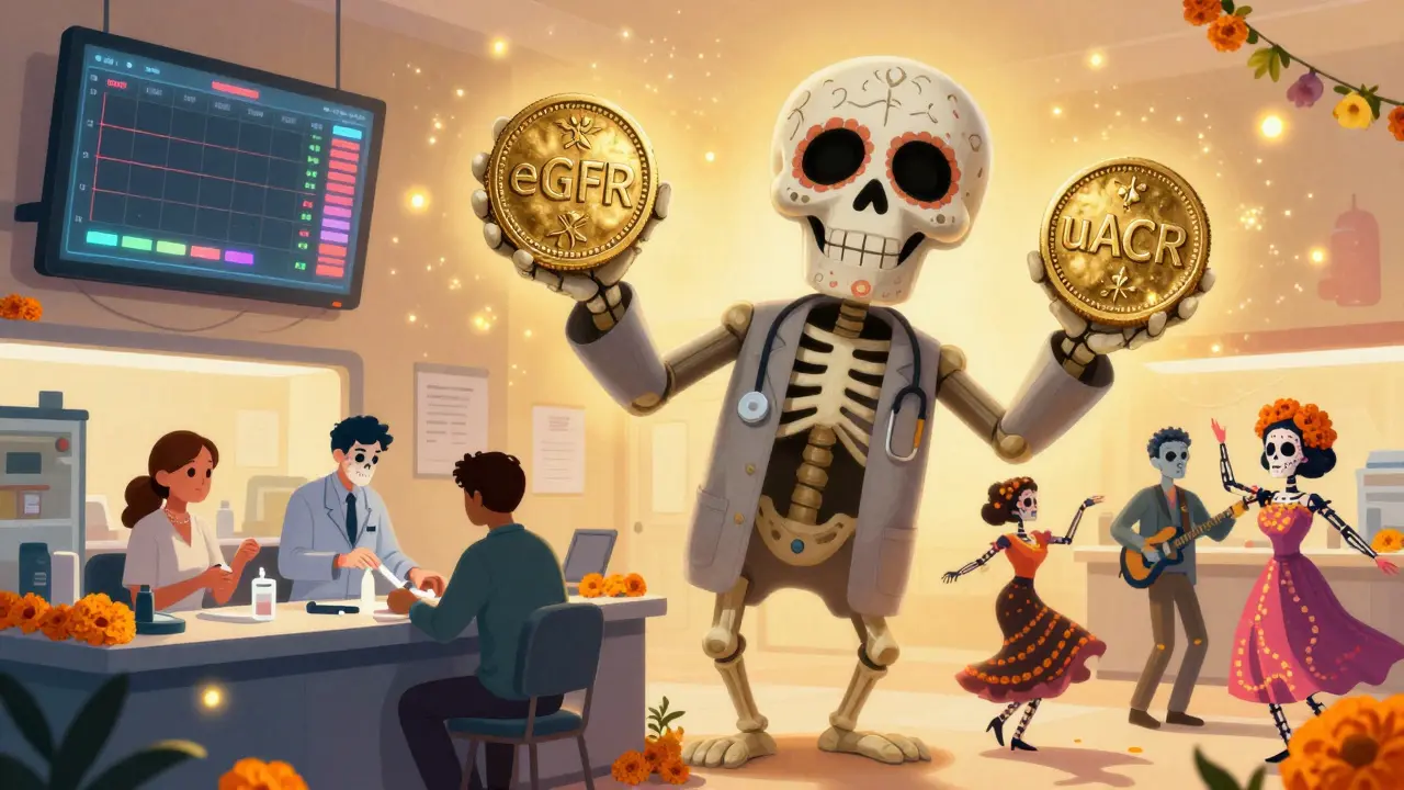 A skeleton doctor flipping a two-sided coin labeled eGFR and uACR, transforming from gray to gold, as a vibrant clinic celebrates kidney screening.
