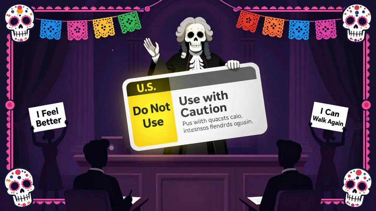 A skeleton judge overseeing a drug label with contrasting U.S. and EU warnings, framed by sugar skulls and papel picado.