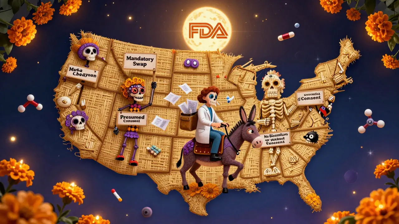 A whimsical U.S. map made of alebrijes, each state showing substitution rules, with a pharmacist riding across state lines.