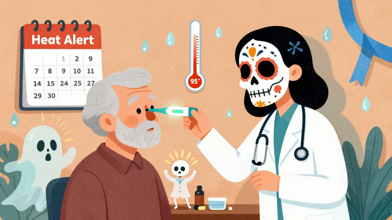 Caregiver checking temperature as medication skeletons emit heat rays, calendar shows extreme heat warning.