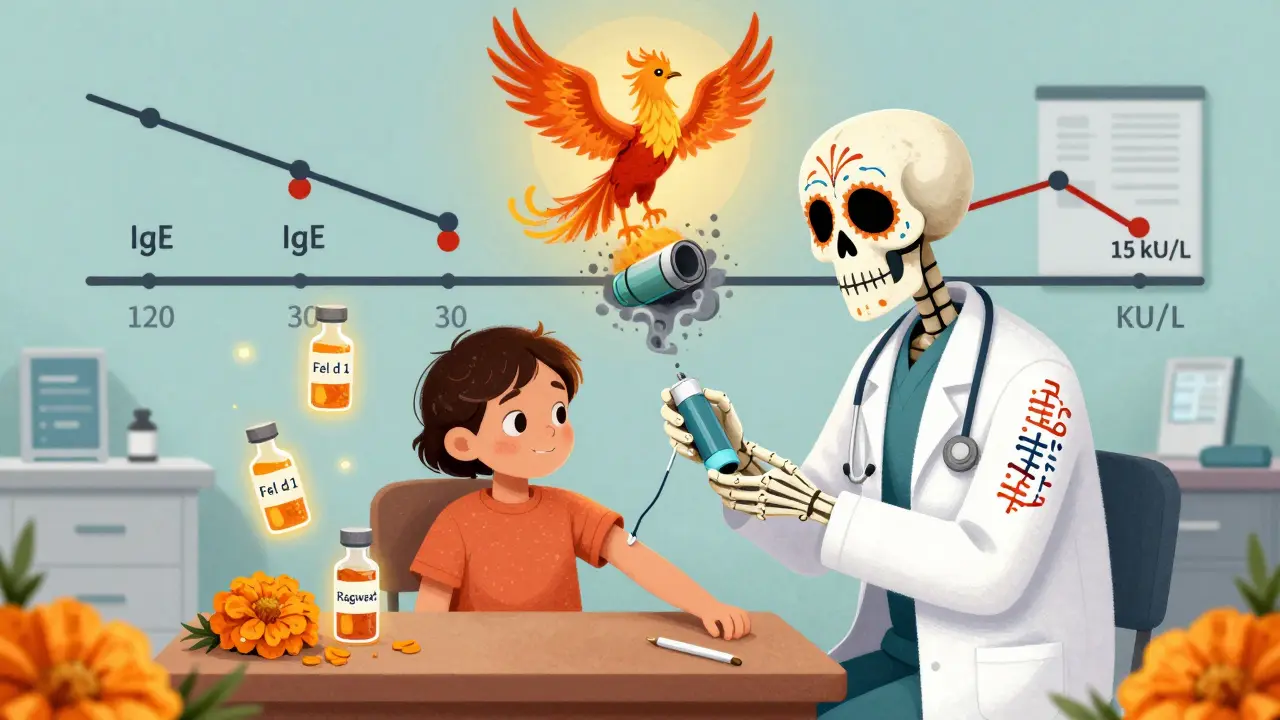 Child receiving an allergy shot from a skeletal doctor, with glowing vials and a rising phoenix symbolizing reduced IgE levels.
