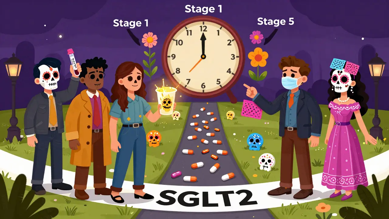 Diverse people at a crossroads, one holding a blood test, another a urine cup, guided by pills shaped like sugar skulls toward a path of health.