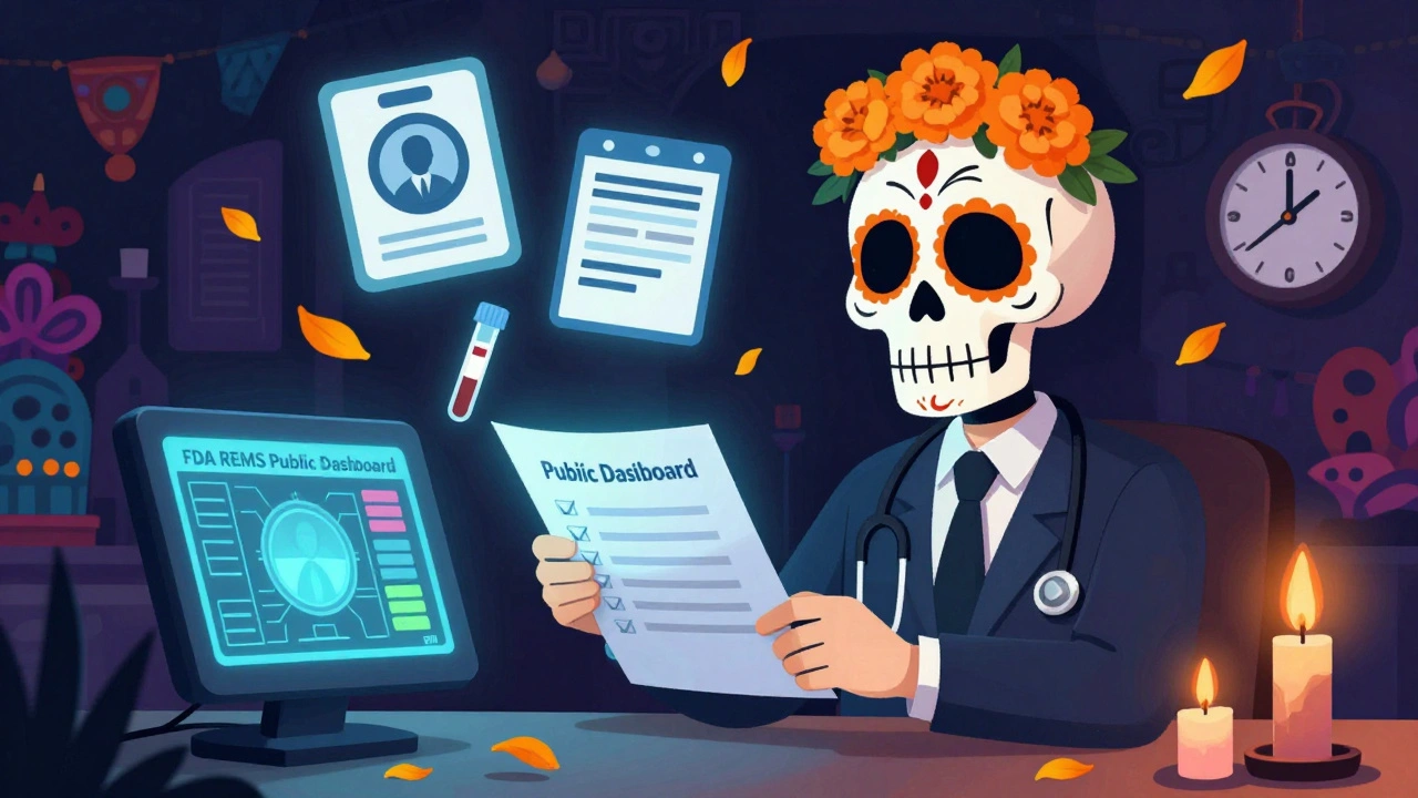 Doctor checking a REMS dashboard with floating certification icons and alebrije patterns.