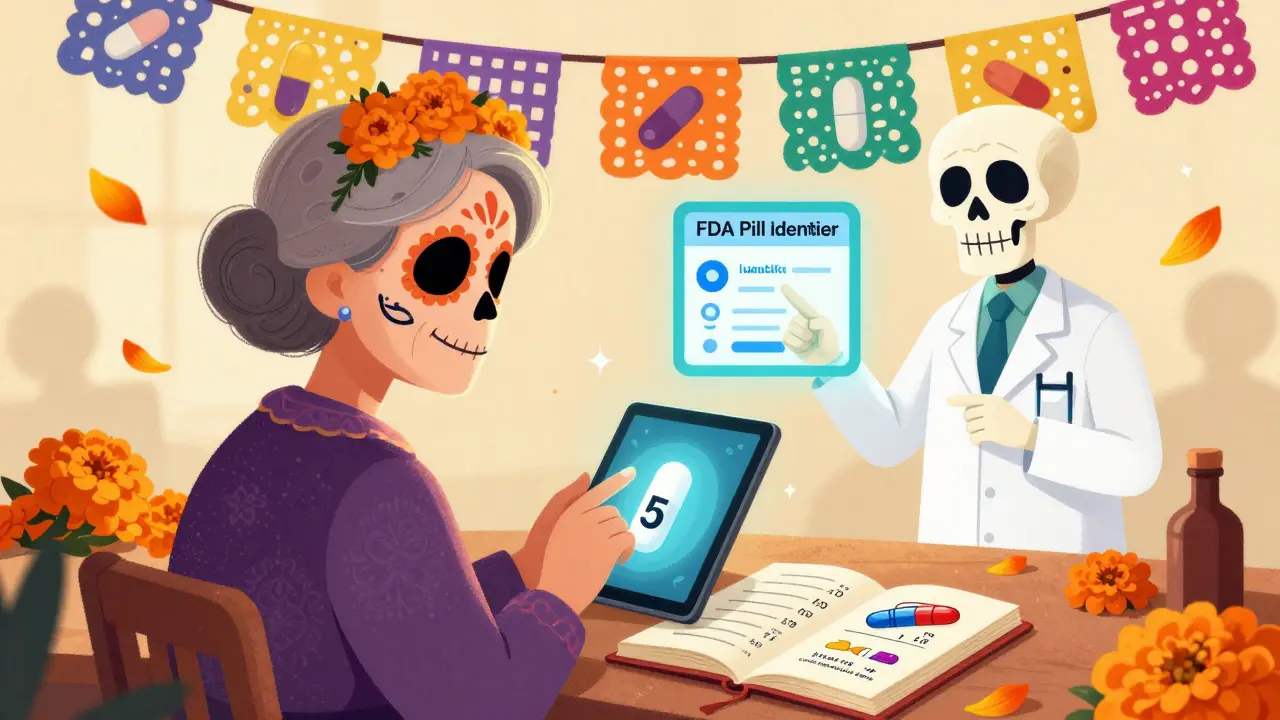 Elderly woman using a tablet to verify pill identity, skeletal pharmacist pointing to FDA tool, marigold petals floating nearby.