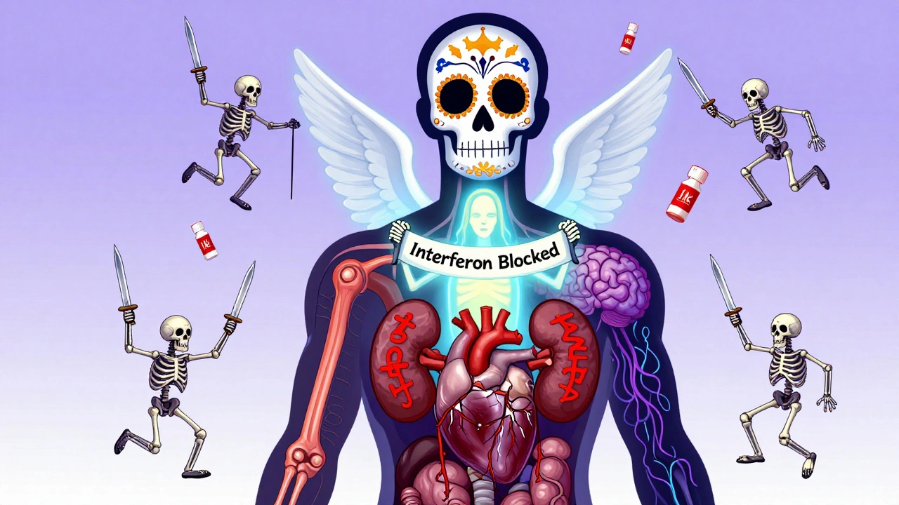 Human silhouette with inflamed organs, countered by a glowing biologic figure in Day of the Dead style.