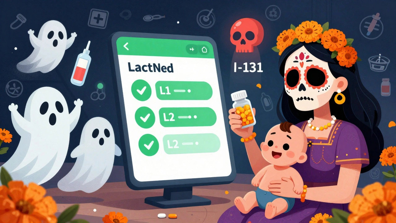 Mother with baby and LactMed app showing safe drug ratings, surrounded by friendly medical spirit figures.