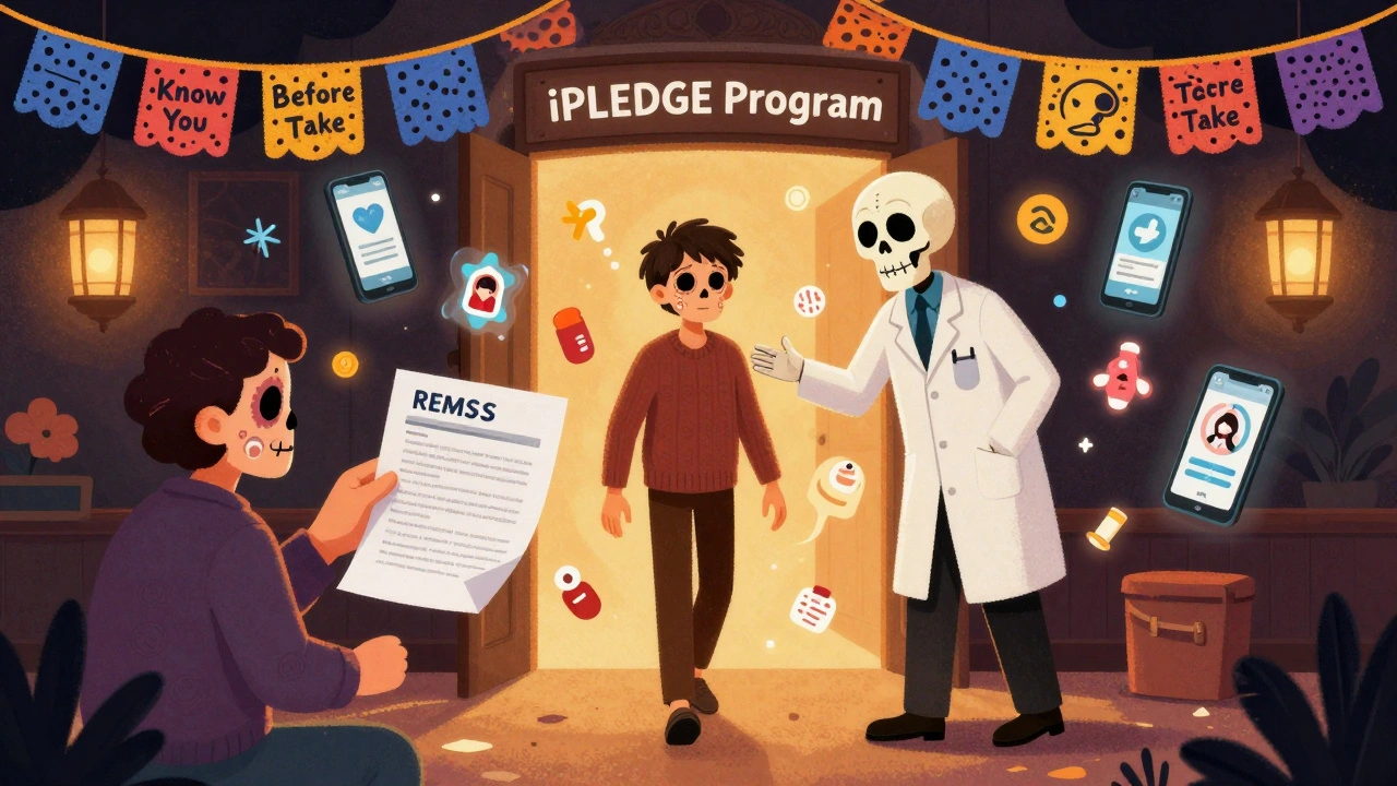 Patient guided by a skeletal figure through a REMS portal as dangers fade away.