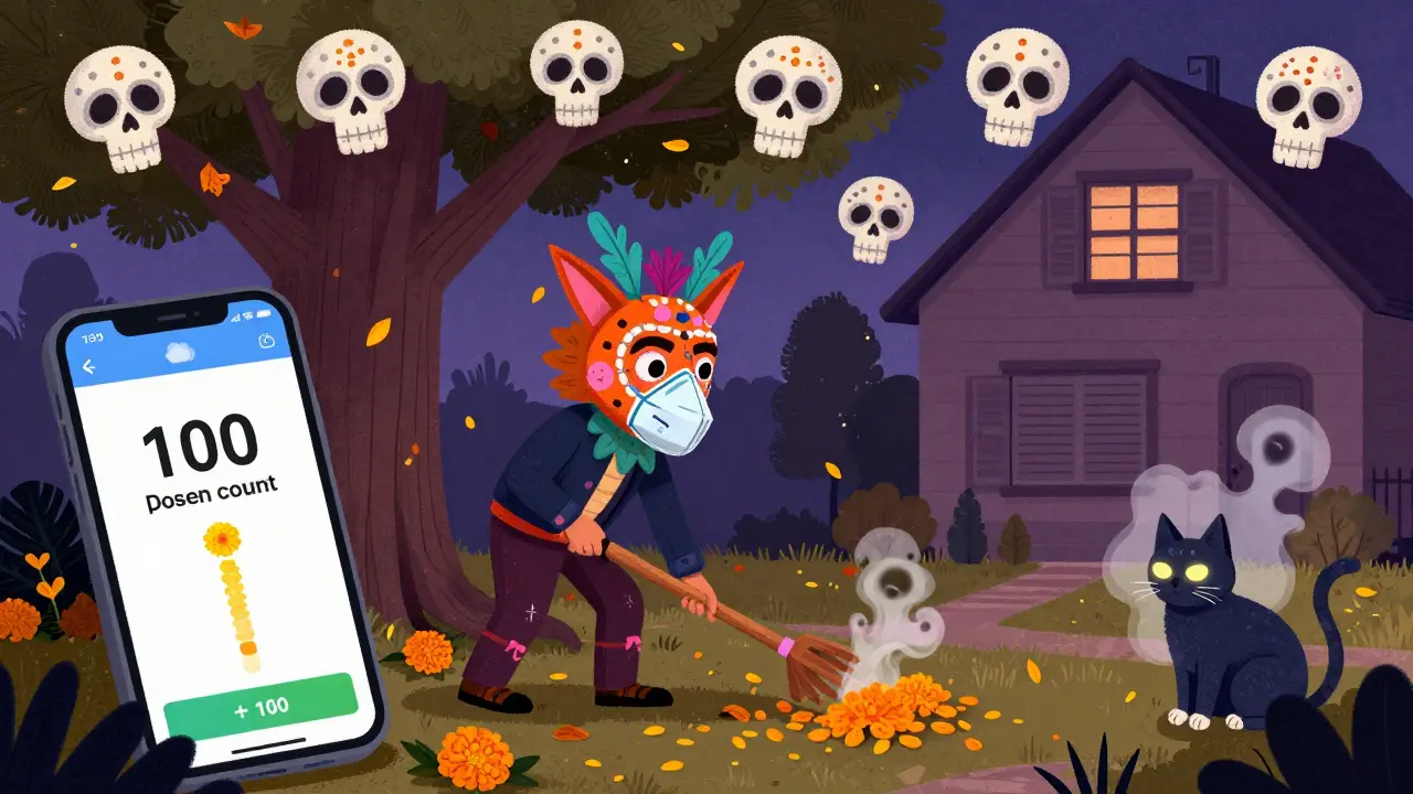 Person in a marigold-shaped N95 mask raking leaves as skeletal pollen clouds float nearby, windows closed.