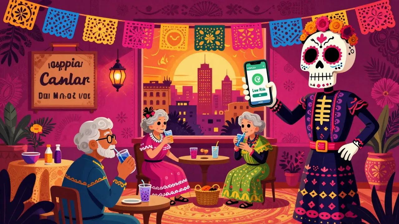 Seniors cooling off in a community center with glowing app display, calavera holding smartphone, sun blazing outside.