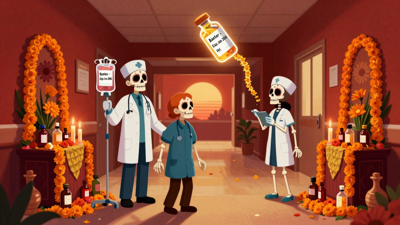 Skeletal medical staff transport IV bags with extended expiration dates past ofrenda altars adorned with medicine bottles and marigolds.