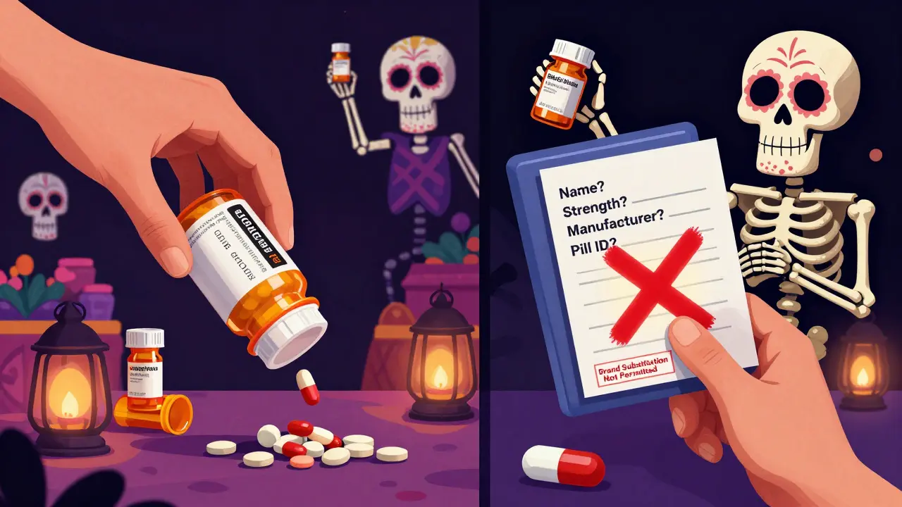 Split scene: one hand discarding pills, other placing them in photo folder with checklist, calaveras holding prescriptions in background.