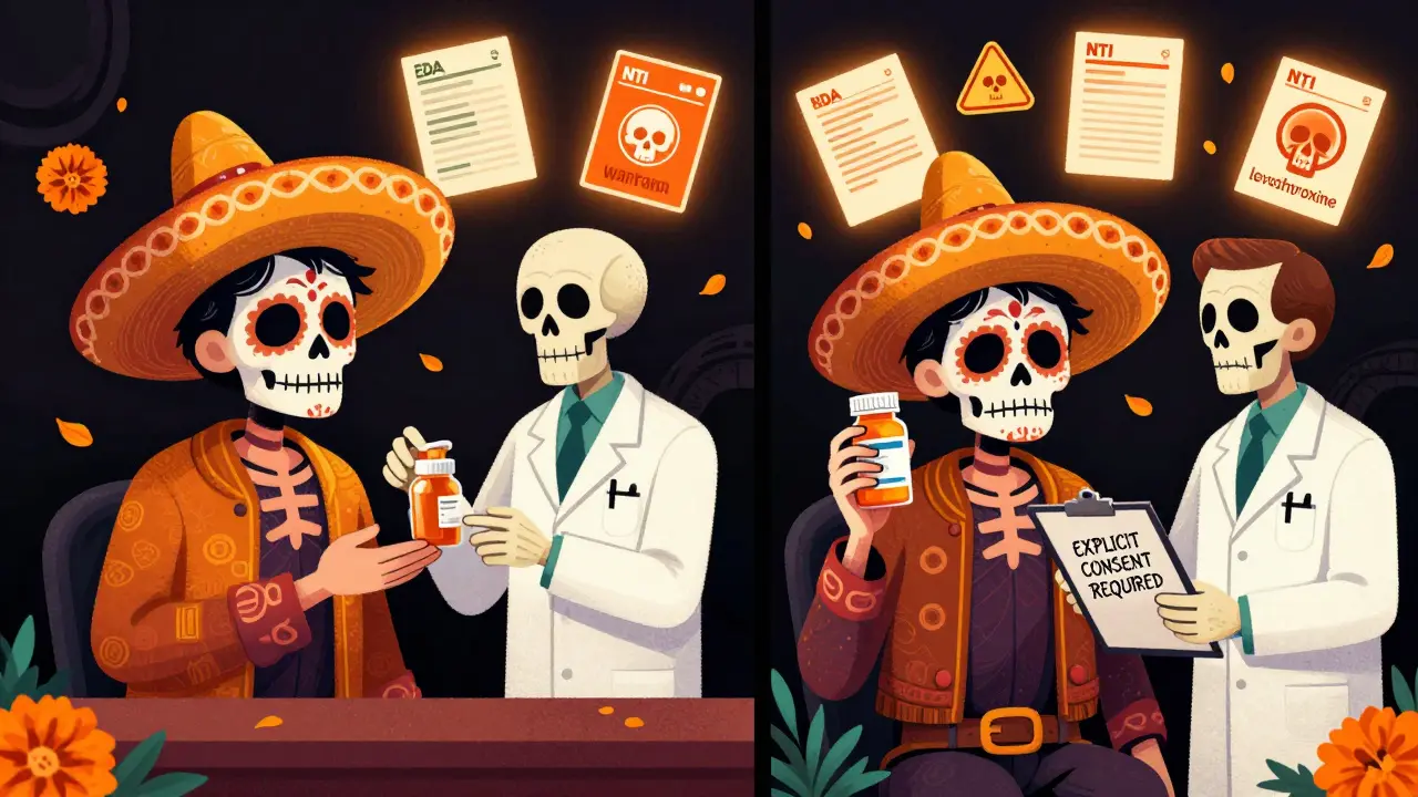 Split scene: one patient happily receiving a generic drug, another frowning with a brand-name bottle, surrounded by FDA and NTI drug symbols.