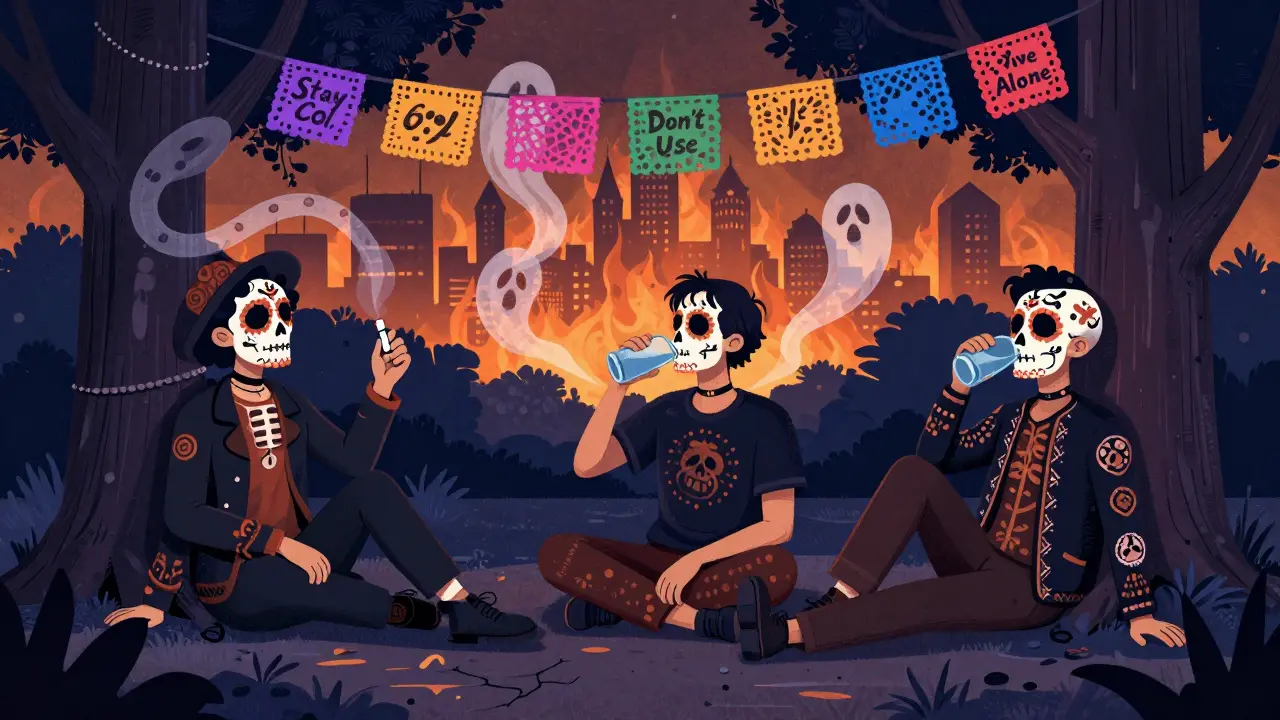 Three people stay safe in shade during a heatwave, with ghostly heat waves and symbolic banners around them.