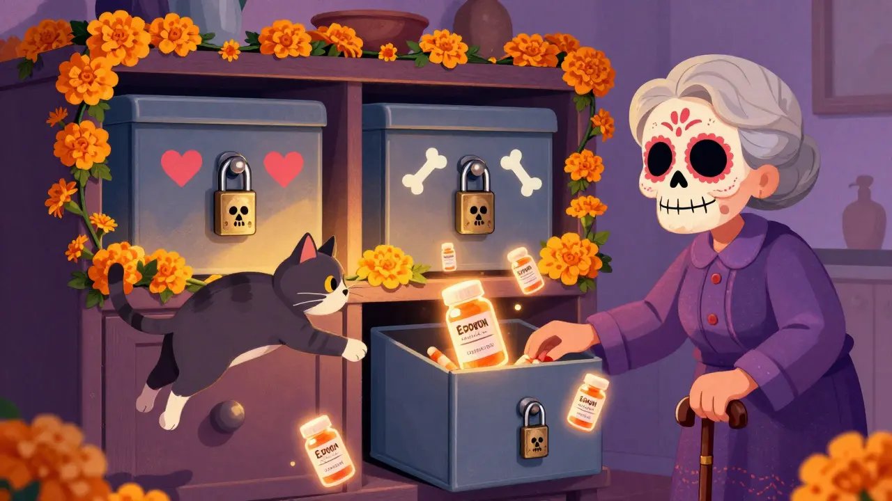 Two locked medicine boxes in a kitchen, labeled for humans and pets, with a cat blocked by marigold vines and an elderly woman opening her accessible lockbox.