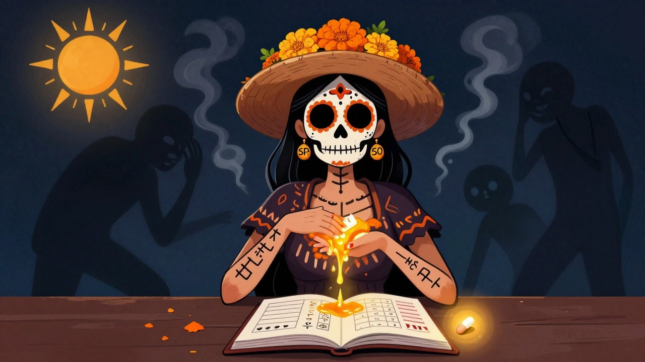 Woman in sun-protective attire applying sunscreen, with sun and stress triggers fading behind her.