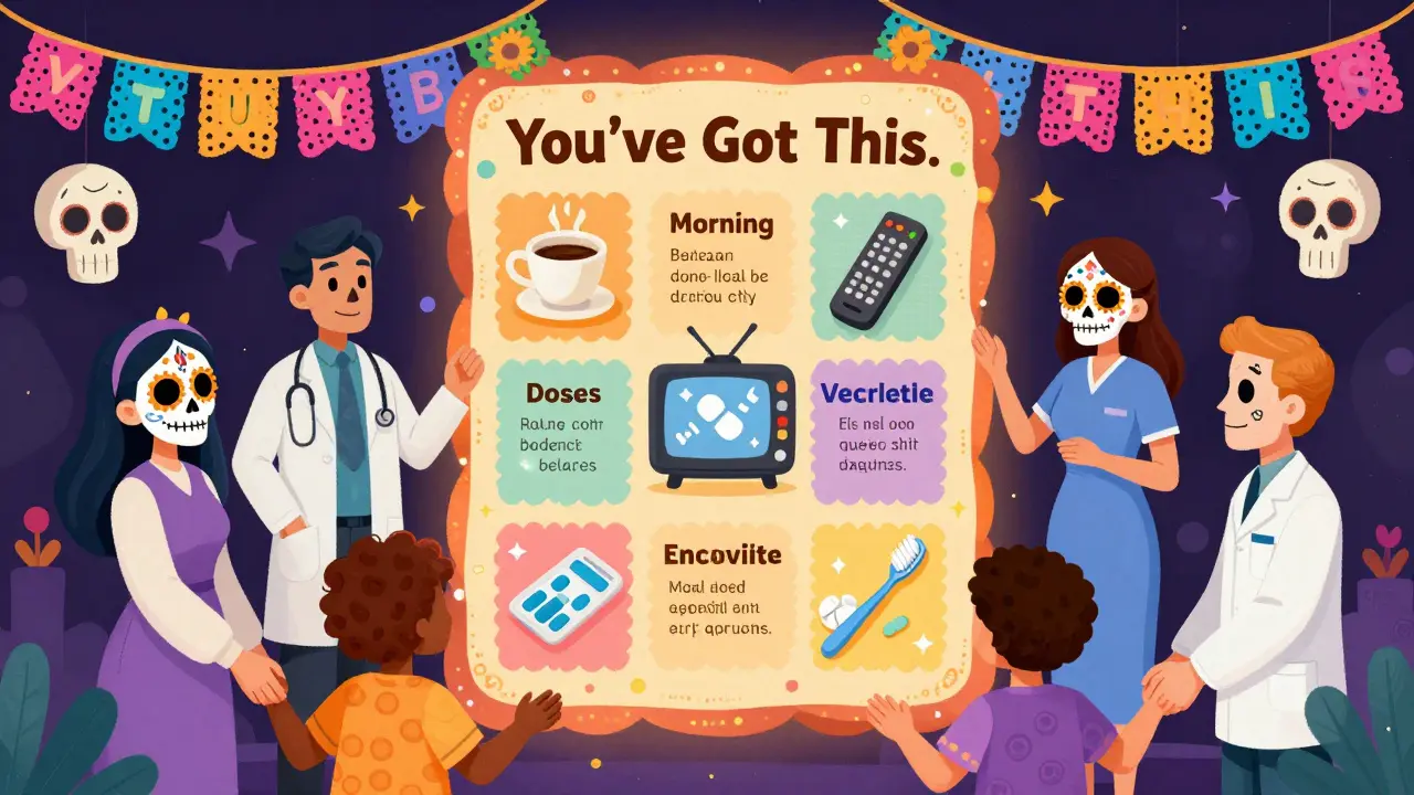 A care team holding hands around a glowing medication action plan shaped like an altar, with daily routines illustrated as Day of the Dead offerings.