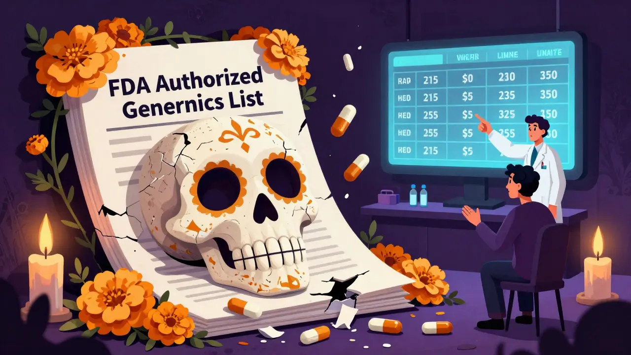 A crumbling FDA list made of sugar skulls drops pills as a patient and pharmacist compare it to a digital price screen.