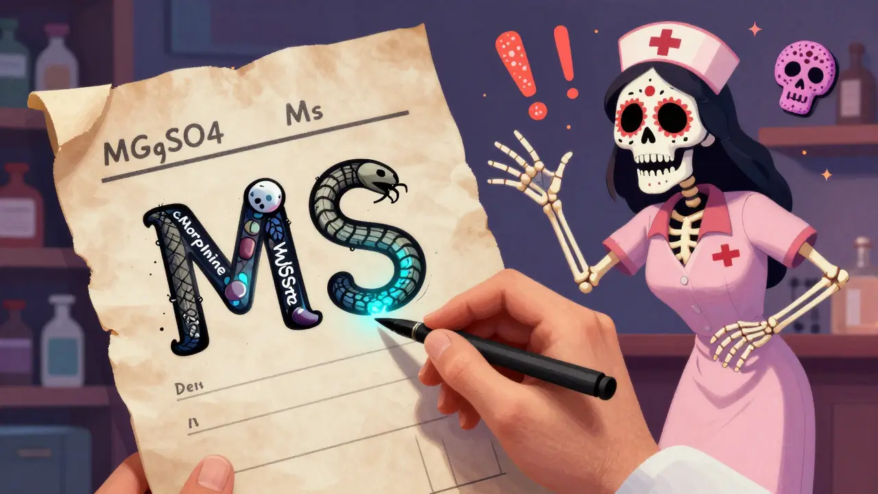 A doctor's hand writes 'MS' on parchment, which transforms into two dangerous serpents representing morphine and magnesium sulfate.