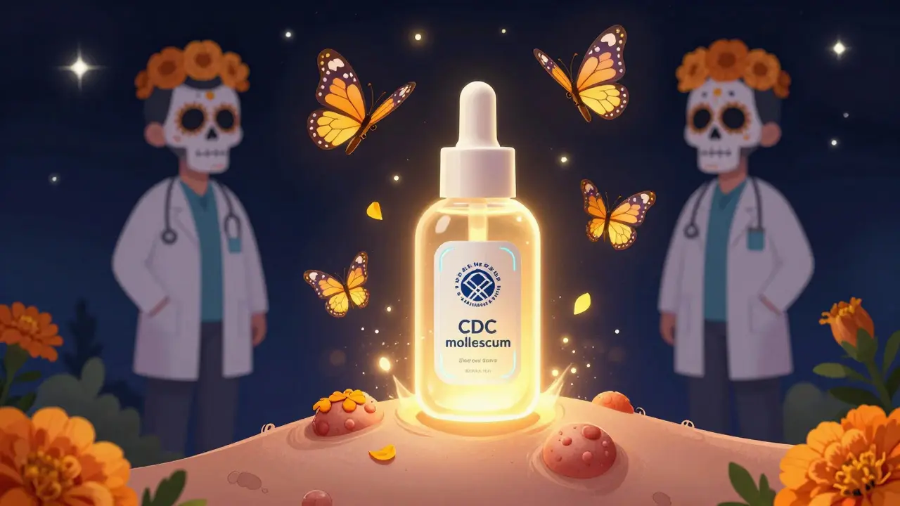A glowing cream dissolves bumps into butterflies made of sugar skulls and marigolds under a starry night sky.