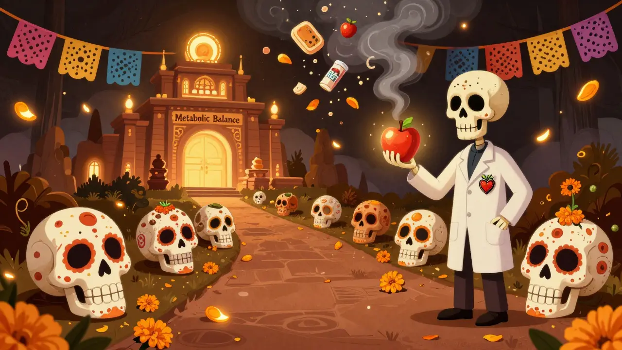 A path of food-themed sugar skulls leads to a temple of metabolic balance, with a skeleton holding an apple and heart amulet.
