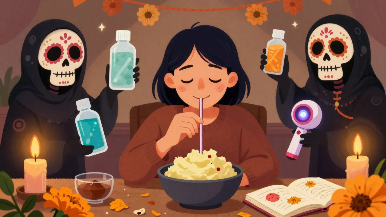 A patient eats softly surrounded by Day of the Dead spirits holding healing remedies, with sores fading into marigold petals in the background.