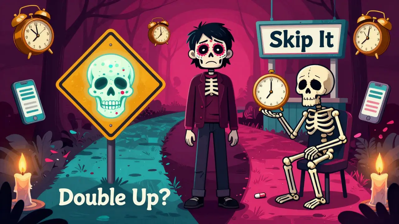 A person choosing between doubling a dose or skipping it, with warning signs and a clock.