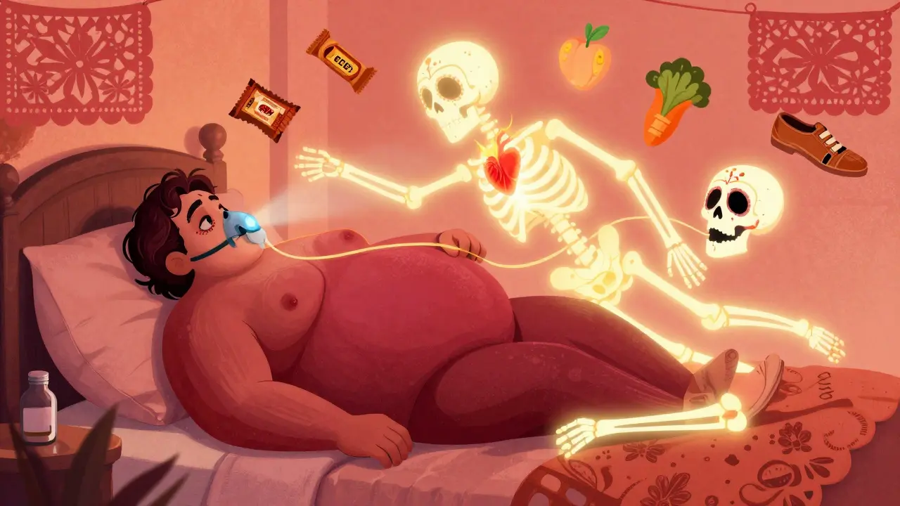 A person with a glowing skeletal twin above, showing fat reduction and open airway, surrounded by healthy food and a walking shoe.