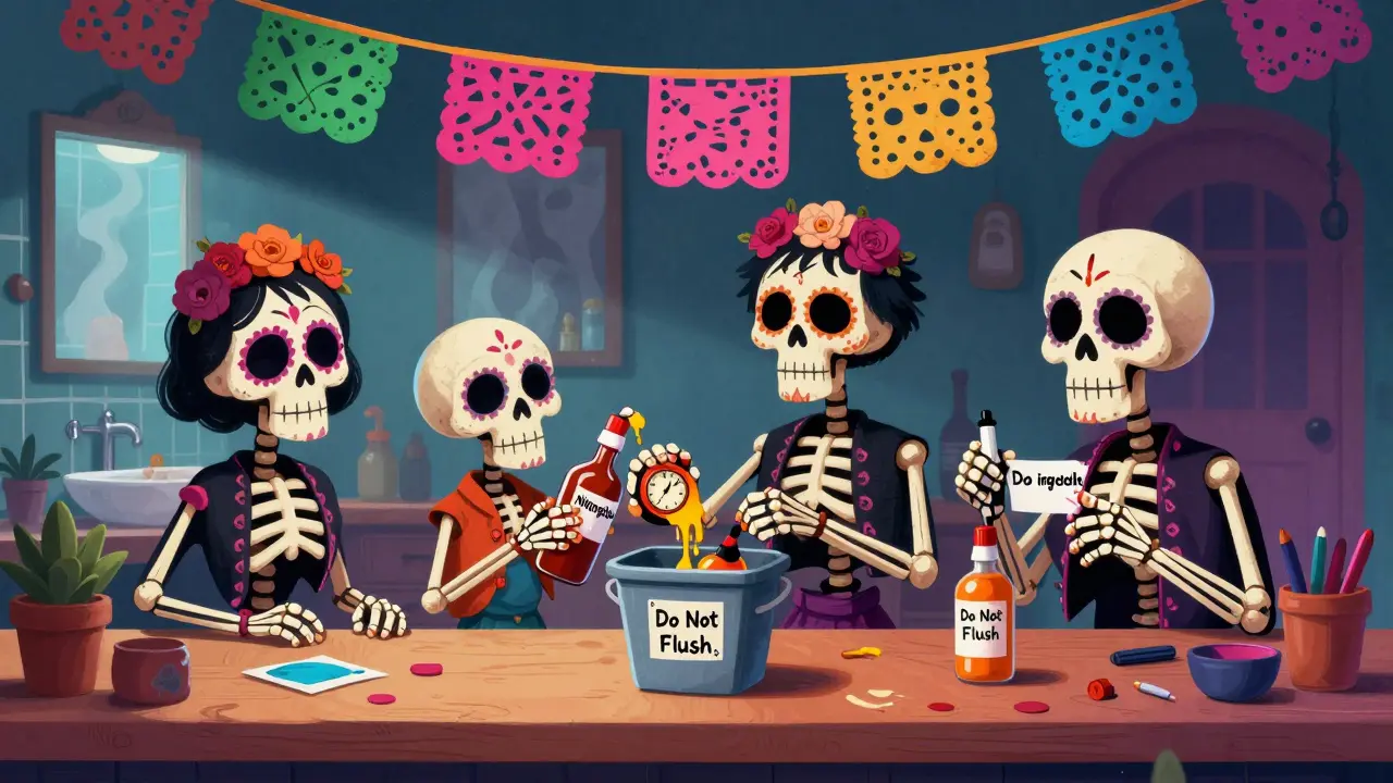 A skeleton family sorts expired medications, discarding liquids while labeling new ones under papel picado banners.