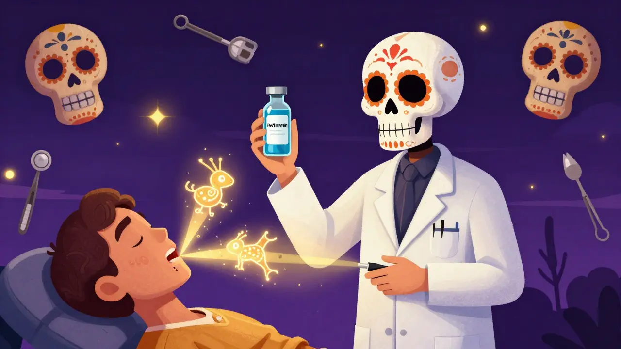 A skull doctor in a lab coat administers palifermin while alebrije creatures heal damaged mouth tissues with glowing radiation beams.