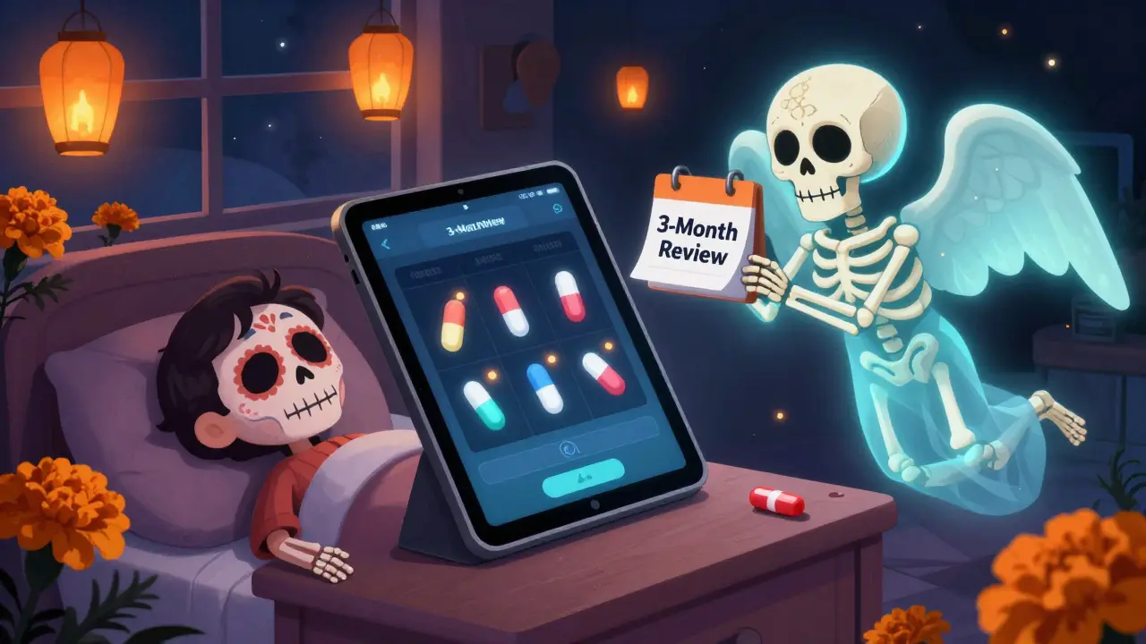A tablet showing a pill-tracking app with dancing skeleton icons, guarded by a skeletal angel, as marigold lanterns glow outside a window.