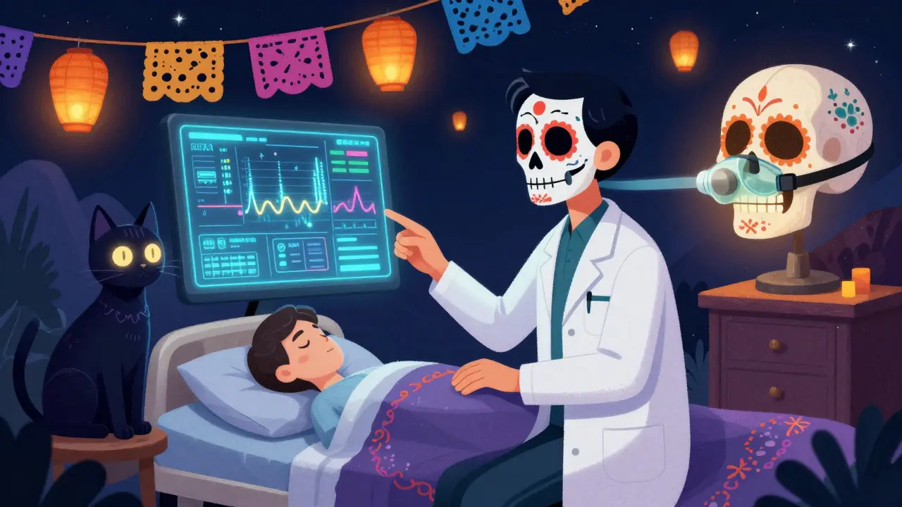 A technologist monitors holographic sleep data with spectral cats and a skull-shaped CPAP device glowing softly.