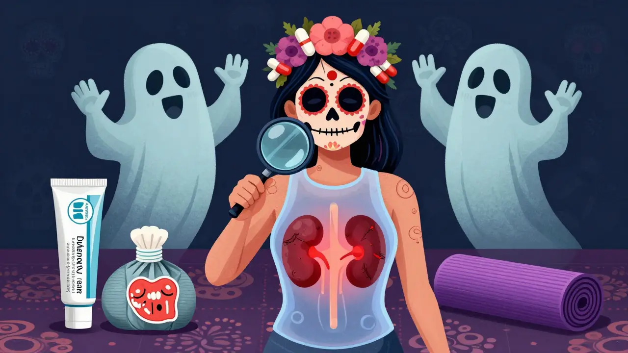 A woman examining her glowing, scarred kidneys while safer pain relief options float nearby in a Day of the Dead artistic style.