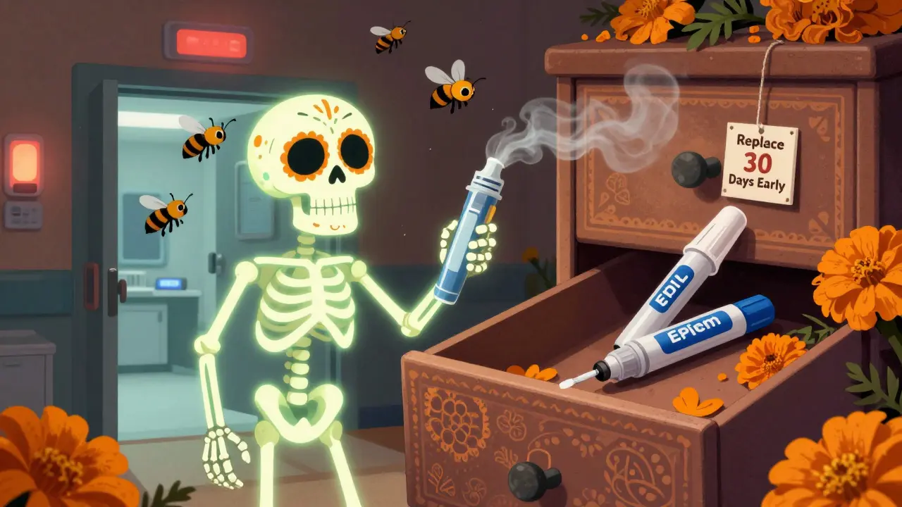 An EpiPen releases a fading dose as bees swarm, while a fresh one rests safely in a cool drawer with marigolds.