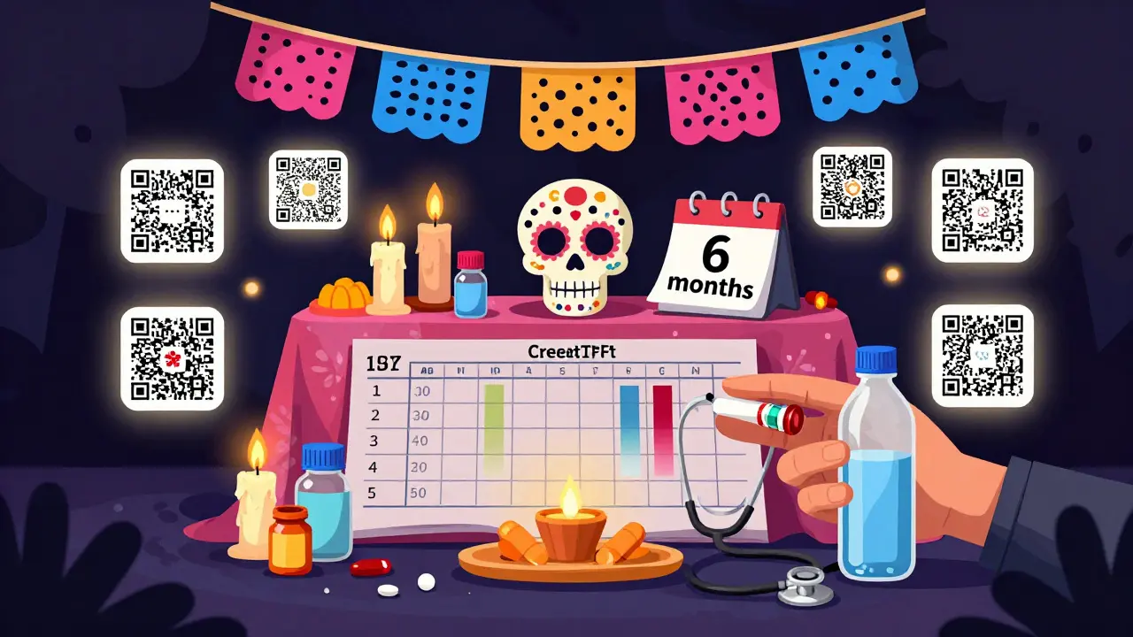 An ofrenda altar with medical test results as candles, replacing pills with water and therapy symbols in vibrant Day of the Dead colors.