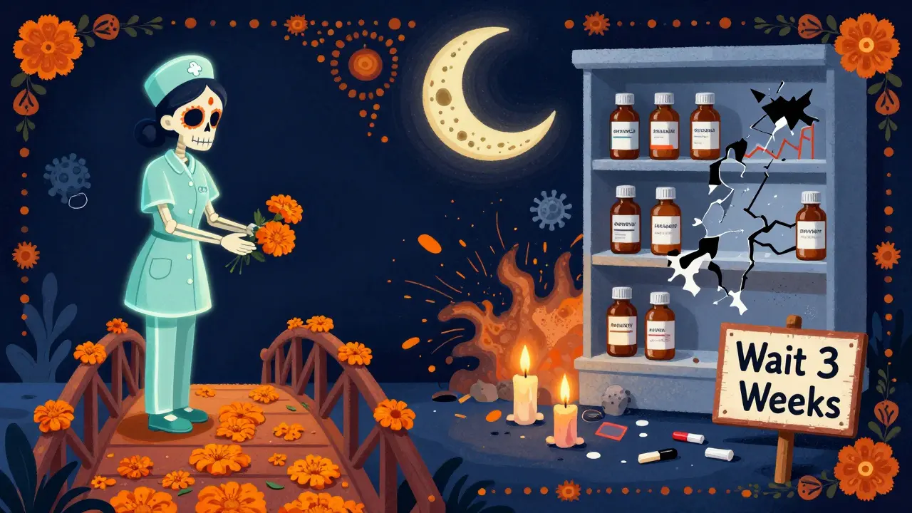 Bridge to safety: enoxaparin injection on one side, broken antivirals on the other, with candles leading to 'Wait 3 Weeks' sign in Day of the Dead art.