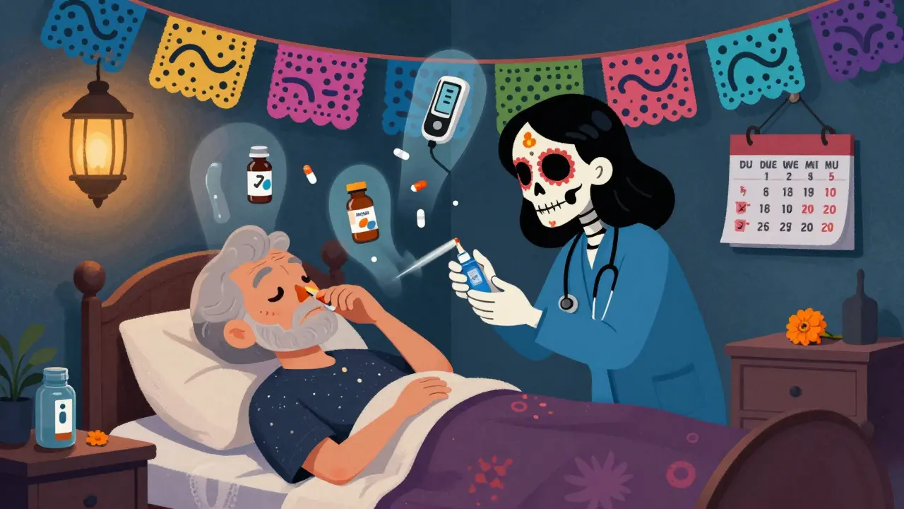 Caregiver administering nasal glucagon to an unconscious senior, with medical symbols floating above as spirit guides.