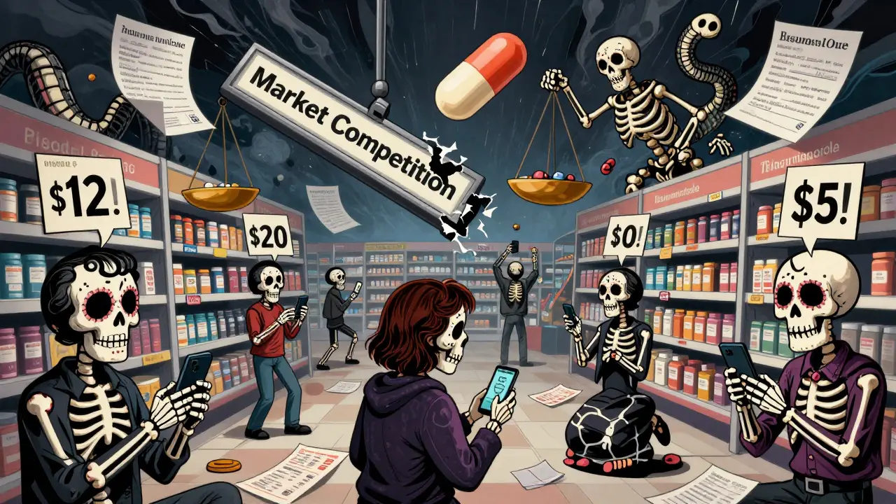 Chaotic U.S. pharmacy scene with customers comparing fluctuating generic drug prices on glowing coupons and phones.