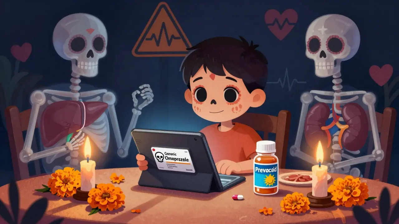 Child with generic and brand medicine bottles, skeletal organs growing unevenly, marigolds and candlelight surrounding the table.
