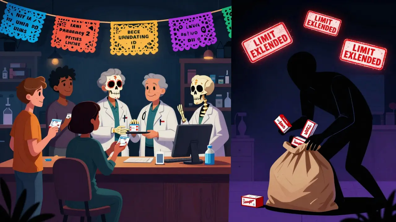 Diverse customers receive behind-the-counter meds from skeleton pharmacists, while a shadowy figure is caught trying to exceed purchase limits.